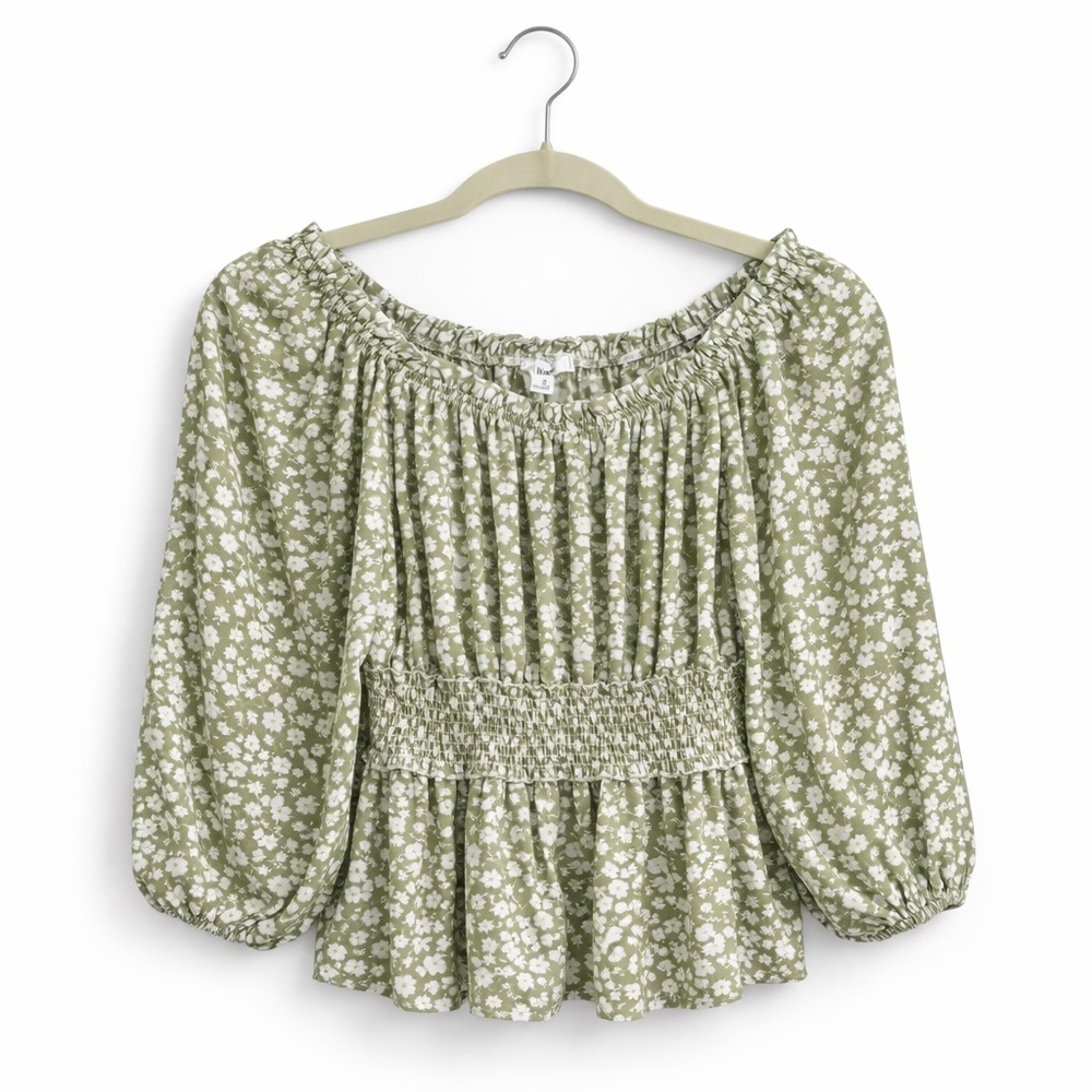 👚Mine Sage Green Floral Peasant Blouse | Smocked Waist | Boho Cottagecore Top